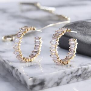 NEW 18K yellow gold plated CZ baguette hoop earrings jewelry B28A